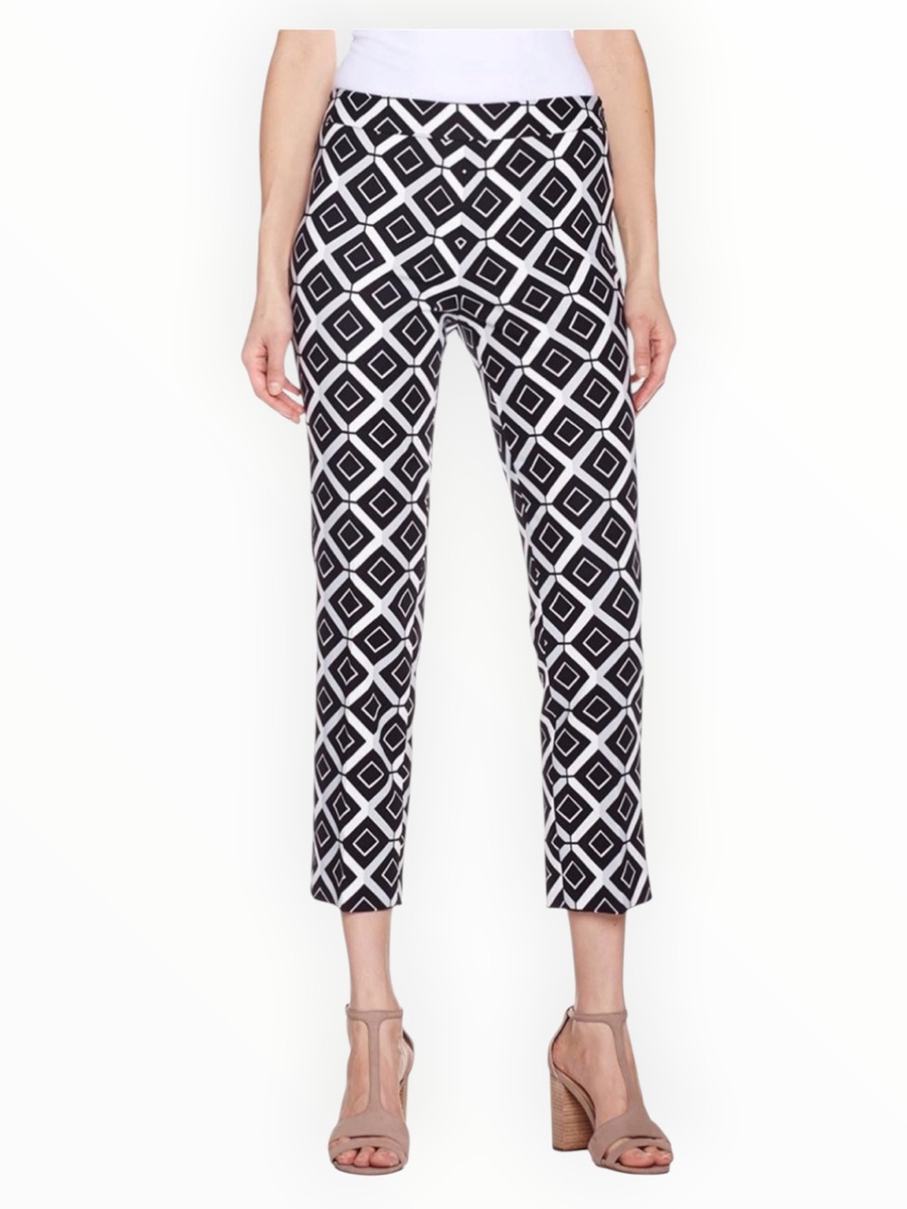 NATORI Black White Geometric Ankle Pants Slim Slacks Crop 4 Work Business Modern